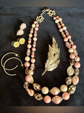 Vintage Pink Satin Glass Multi-Strand Necklace & Mixed Jewelry Lot